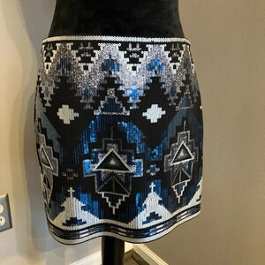 NWOT Express size 2 blue, silver and black sequin mini‎ skirt w/elastic waist